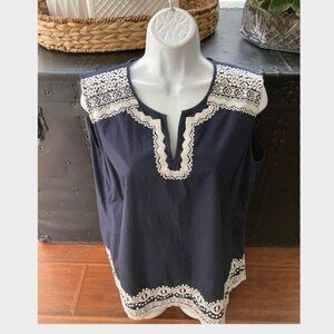 Talbots  Navy Blue White Embroidery Trim Sleeveless Blouse X Large